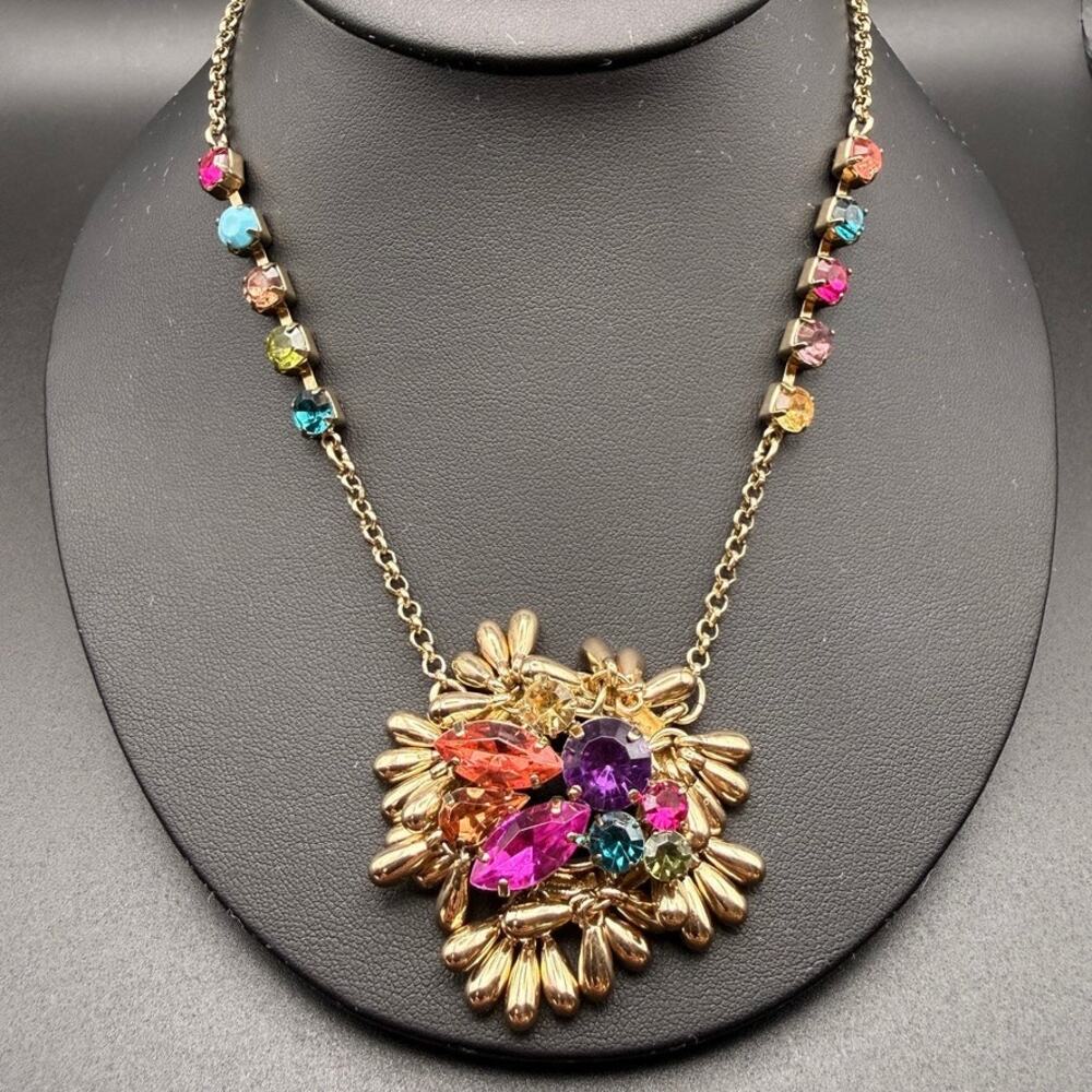 Vintage Betsey Johnson Multi-Color Rhinestone Fringe Dangle Pendant Necklace 17"